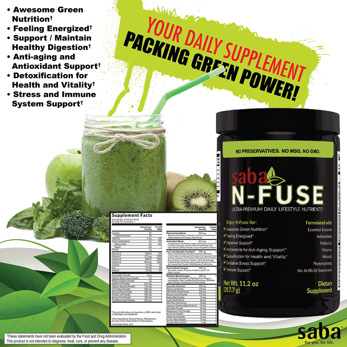 Saba N-Fuse-Whole Food Daily Nutrition,-Phytonutrients, Pre and Probiotics, Enzymes