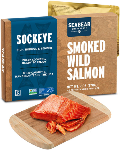 SeaBear Smoked Salmon Trio 18oz (3 x 6oz) Fillets Gift Box – Wild Alaska Sockeye, Wild Pink & Coho Fillets, Shelf Stable, Ready to Eat, 18 Ounce (3 x 6 Ounce) Filets