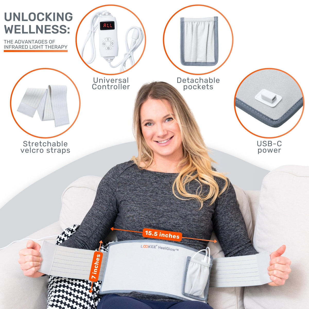 LOOKEE HealGlow Pro Medical Infrared & Red-Light Therapy Belt - LED Technology - 60W Powerful