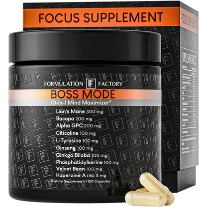 Formulation Factory BOSS Mode 10-in-1 Nootropic Complex with Lion's Mane, Alpha-GPC, Bacopa Monnieri, Ginkgo Biloba, Rhodiola & L-Tyrosine - 120 Capsules