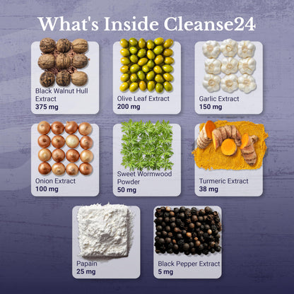 Cleanse24 | Intestinal Cleanse for Humans with Wormwood | Gut Cleanse for Men & Women, Herbal Intestinal Cleanse, Papaya, Black Walnut, 30 Days Supply, 60 Capsules