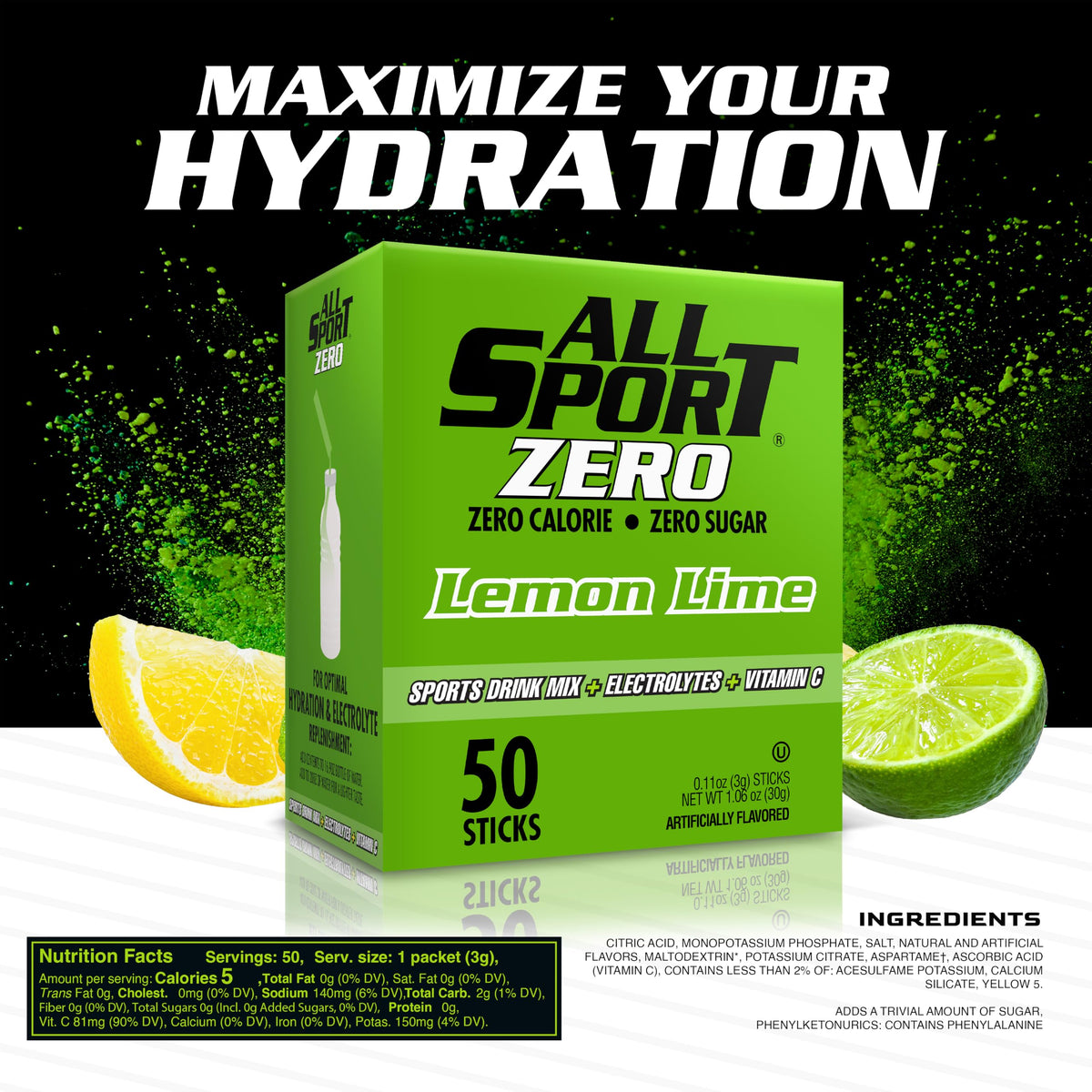 All Sport Zero Powder Sticks, Sugar Free, Strawberry Banana, 50 Count
