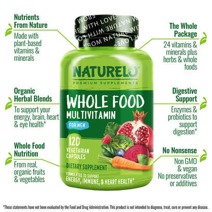 NATURELO Whole Food Multivitamin for Men - with Vitamins, Minerals, Organic Herbal