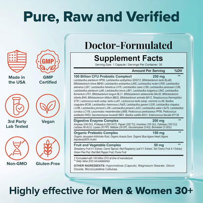 Wholesome Wellness Organic Raw Probiotics 100 Billion CFU, Dr Formulated for Women and Men, Complete Adult Supplement with Prebiotics and Digestive Enzymes; 30 Capsules, Shelf Stable