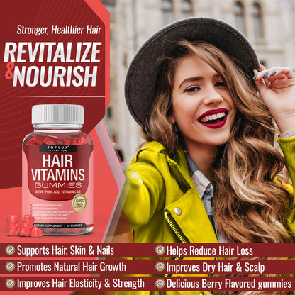 Hair Vitamins Gummies Supplement – Faster Hair Growth Gummy 5000mcg Biotin, Folic Acid