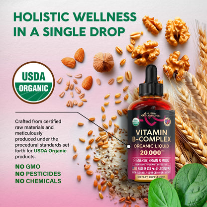 USDA Organic Vitamin B-Complex B5 Pantothenic Acid | B12 Methylcobalamin | B1 Thiamine | B6 Pyridoxine | B7 Biotin | B9 Folic | B3 Niacinamide - B Complex Liquid Drops, Natural Berry Flavor, 2fl oz
