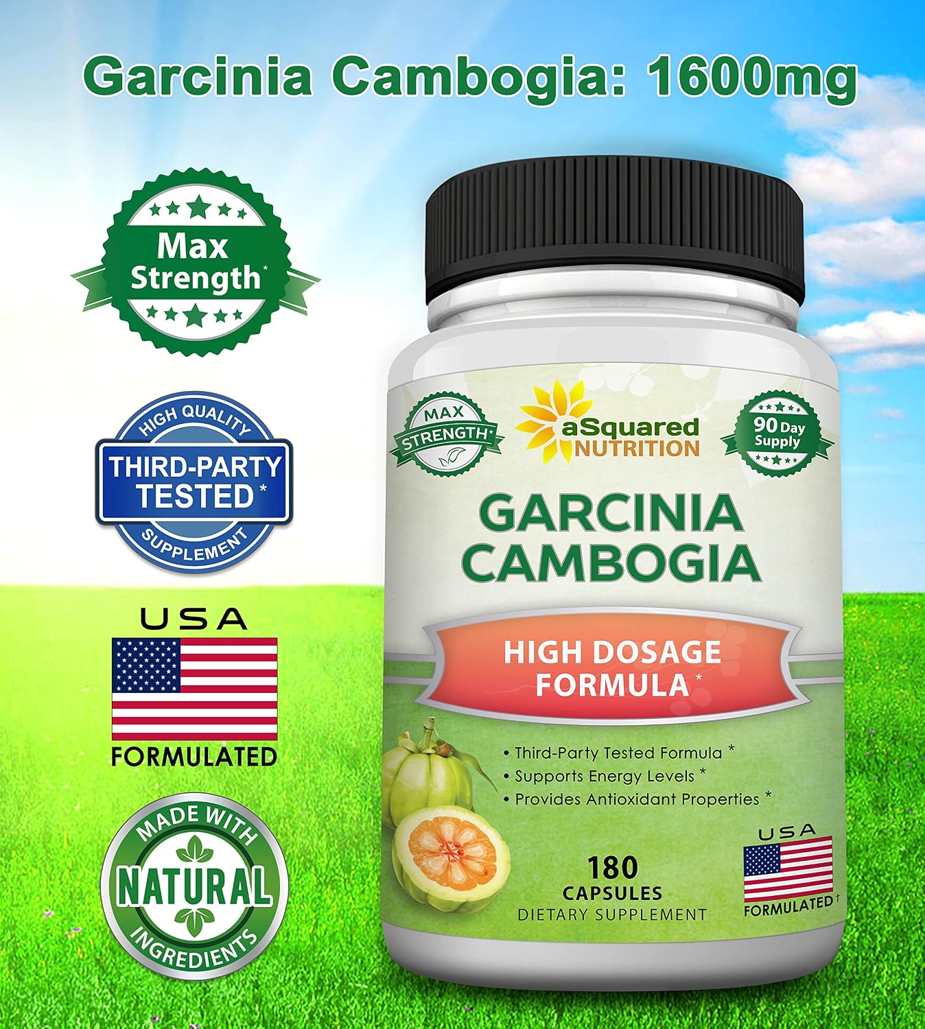aSquared Nutrition Garcinia Cambogia - 1600mg/Serving - 180 Capsules | Standardized HCA Supplement - Natural Pure Extract Pills Alternative to Gummies, Drops, Tea & Powder