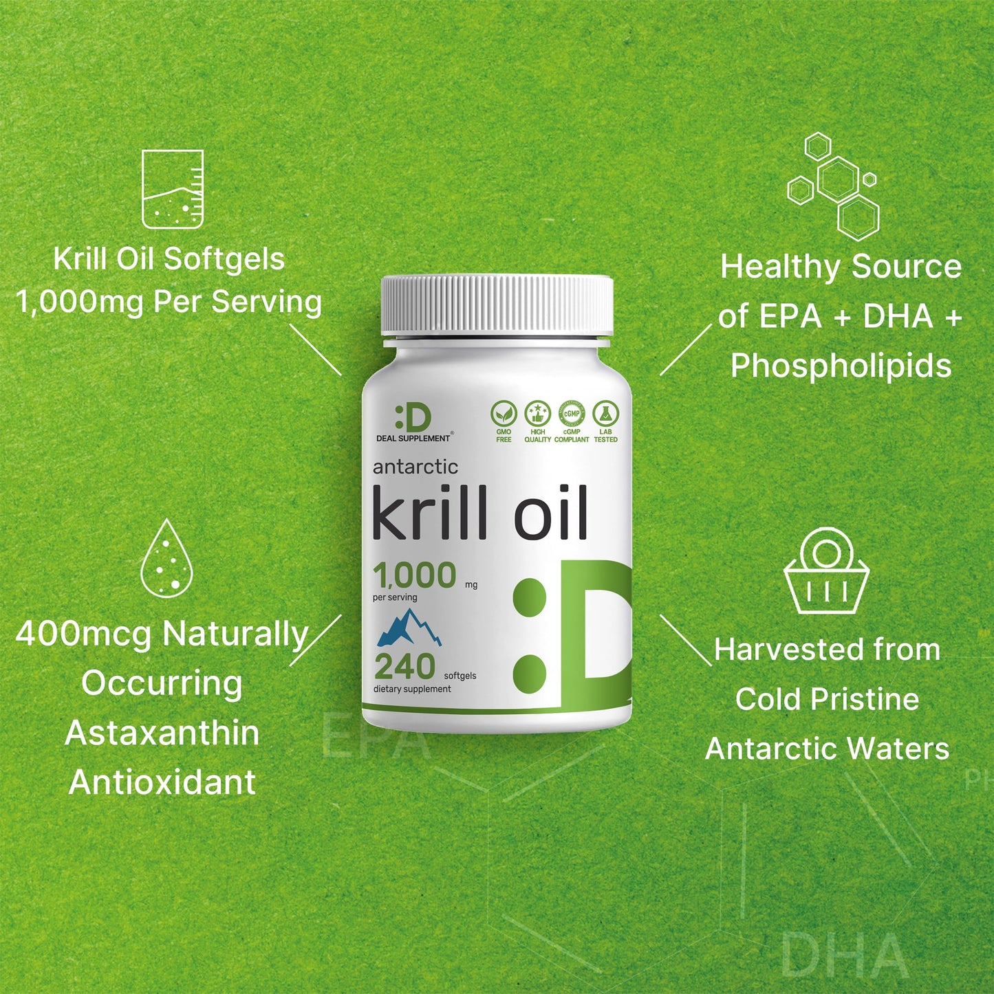 DEAL SUPPLEMENT Antarctic Krill Oil, 1,000mg Per Serving, 240 Softgels – Mercury Free, No Fishy Taste – Rich in Omega-3s, EPA, DHA, Astaxanthin, & Phospholipids – Non-GMO, No Gluten
