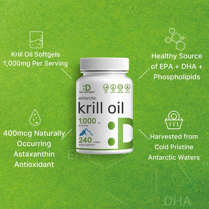DEAL SUPPLEMENT Antarctic Krill Oil, 1,000mg Per Serving, 240 Softgels – Mercury Free, No Fishy Taste – Rich in Omega-3s, EPA, DHA, Astaxanthin, & Phospholipids – Non-GMO, No Gluten