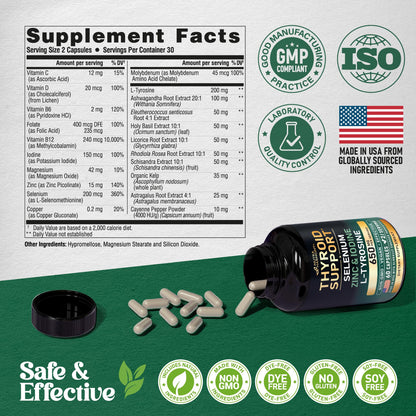 Thyroid Support for Women - Selenium 200 mcg | Astragalus | Zinc & Iodine | L-Tyrosine | Adaptogen Herbs - 21-in-1 Antioxidant & Immune Support - Vegan, Non-GMO - Lab Tested - 60 Capsules