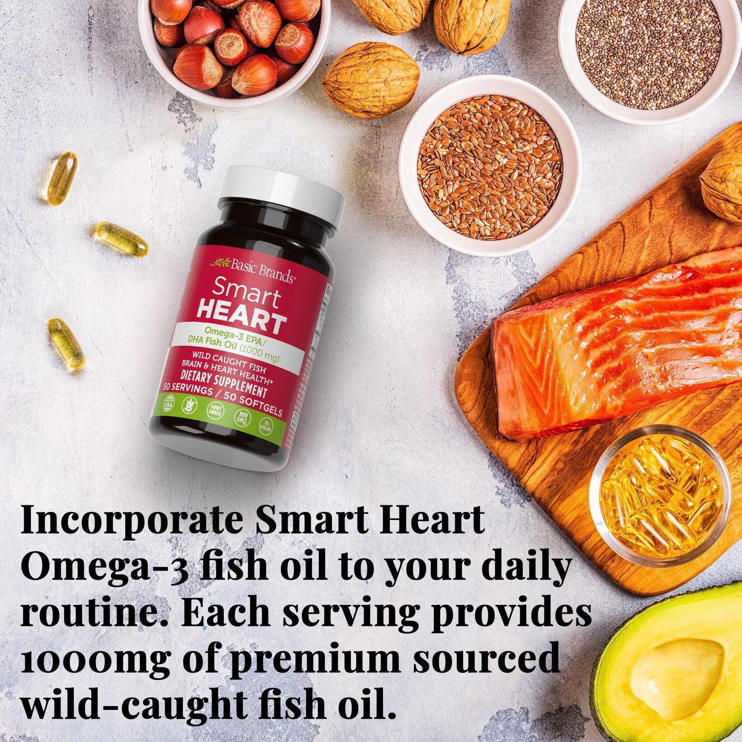 Basic Brands Smart Heart Omega-3 Fish Oil 1000 mg | Heart, Brain & Joint Health, Healthy Triglycerides, Purified Fish Oil, Non-GMO, Gluten-Free, 50 Softgels