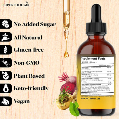 Superfood MD Maca Root Liquid Drops with Ashwagandha, Nettle, Fenugreek, Beet Root and L-Arginine Liquid Multivitamin for Women and Men - 8 Oz