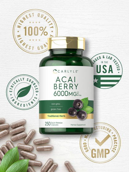 Carlyle Acai Berry Capsules 6000mg | 250 Count | Non-GMO & Gluten Free Acai Berry
