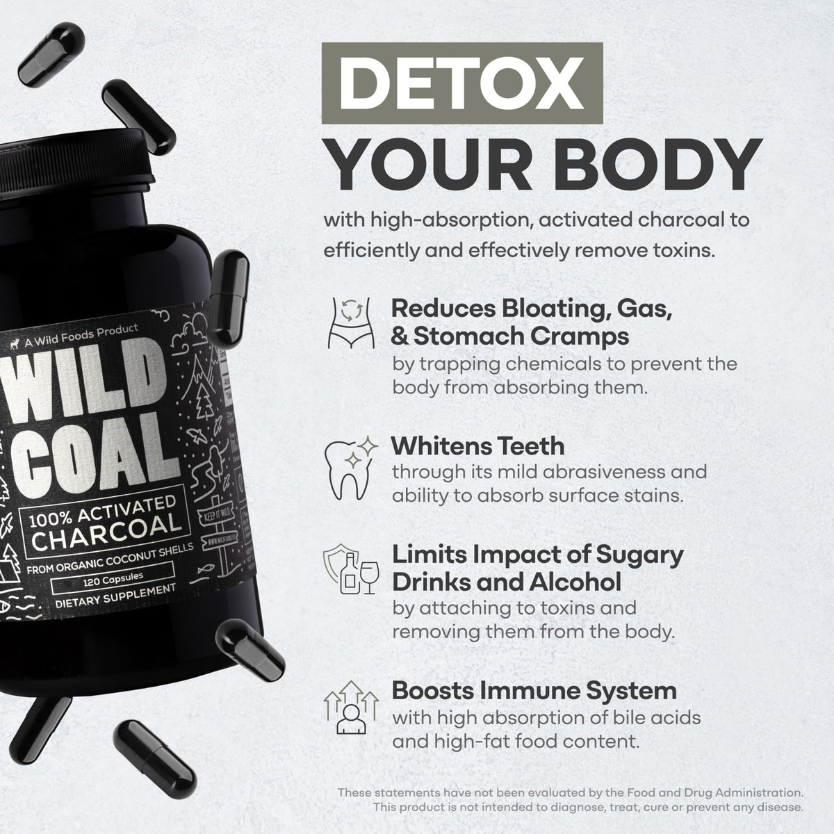 Wild Foods Activated Charcoal Capsules | 100% Organic Coconut Shells Active Tablets