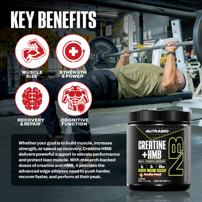 NutraBio Creatine + HMB- Creatine Monohydrate with HMB Powder for Muscle Growth, Increased Strength- 30 Servings (Unflavored)