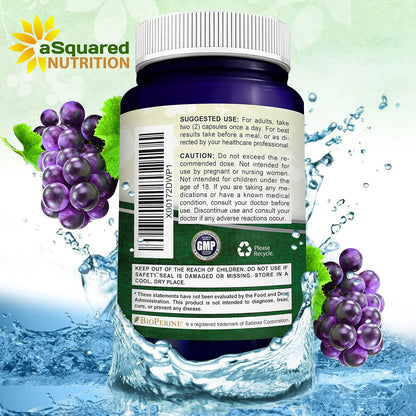 aSquared Nutrition Natural Resveratrol with Red Wine Extract - 180 Capsules - Trans Resveratrol Antioxidant Supplement Pills for Pure Heart Health - Extra Strength Trans-Resveratrol