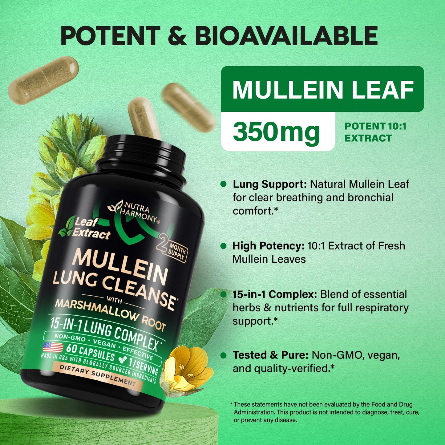 Mullein Lung Detox - Mullein Leaf 10:1 Extract - Marshmallow Root | Echinacea | Oregano | Quercetin | NAC - 15-in-1 Lung Support & Cleanse for Smokers Supplement - for Women & Men - 60 Vegan Capsules