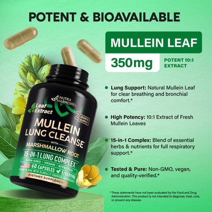 Mullein Lung Detox - Mullein Leaf 10:1 Extract - Marshmallow Root | Echinacea | Oregano | Quercetin | NAC - 15-in-1 Lung Support & Cleanse for Smokers Supplement - for Women & Men - 60 Vegan Capsules