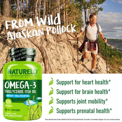 NATURELO Burpless Omega 3 Fish Oil Supplement - 1100mg Triglyceride Omega-3, EPA + DHA, Liquid Fish Oil for Heart, Eye, Brain, Joint Health - 120 Softgels, 4 Months Supply