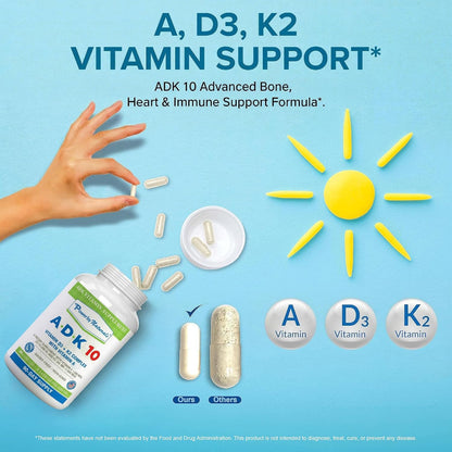 Power By Naturals ADK 10 Vitamin Supplement – Vitamins A, D3 & K2 MK-7 for Bone, Heart & Immune Health – Gluten-Free, Soy-Free – 90 Capsules (3-Month Supply)