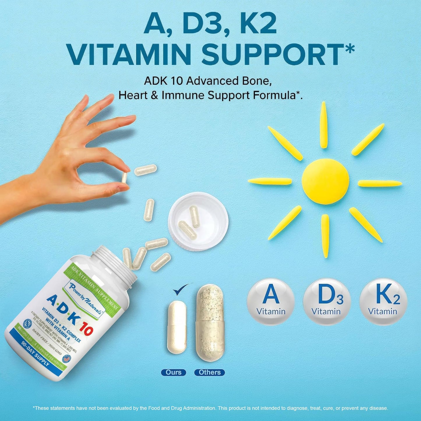 Power By Naturals ADK 10 Vitamin Supplement – Vitamins A, D3 & K2 MK-7 for Bone, Heart & Immune Health – Gluten-Free, Soy-Free – 90 Capsules (3-Month Supply)