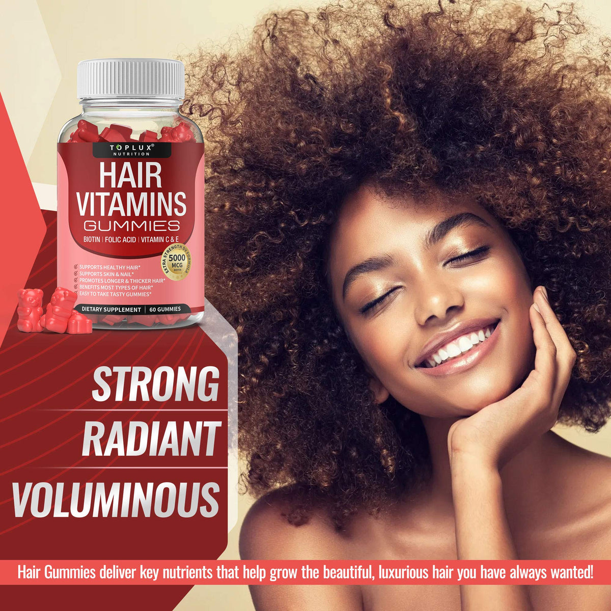 Hair Vitamins Gummies Supplement – Faster Hair Growth Gummy 5000mcg Biotin, Folic Acid