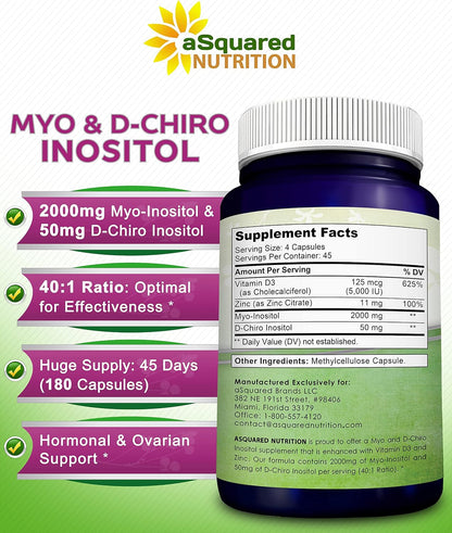 aSquared Nutrition Myo-Inositol & D-Chiro Inositol Supplement - 180 Capsules - Plus Vitamin D3 and Zinc - Myo & D-Chiro Inositol 40 to 1 Ratio - VIT B8 Complex Pills
