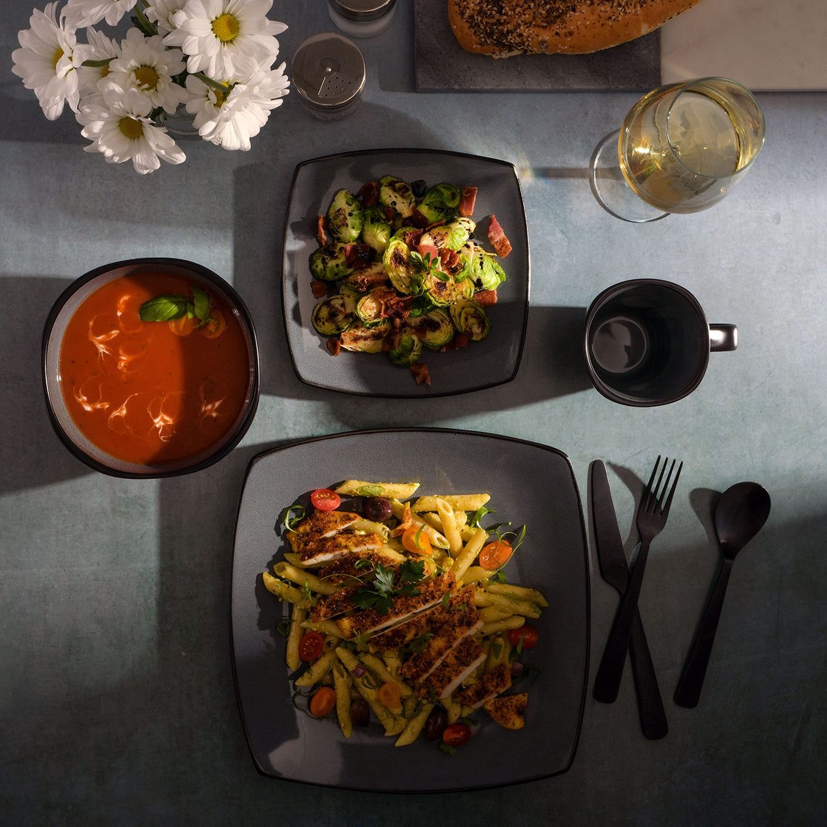 Gibson Soho Lounge Square Reactive Glaze Stoneware Dinnerware Set, Service for 4