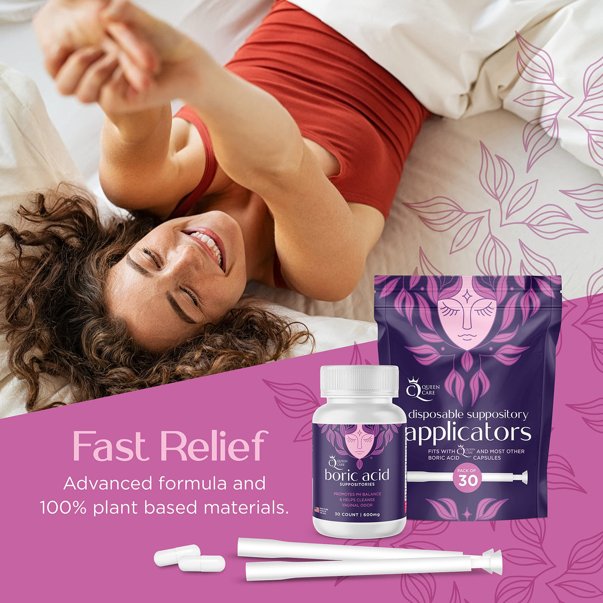 Queen Care - Boric Acid Suppositories & Applicators, Complete Feminine Care, PH Balance for Women