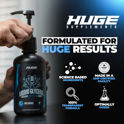 Huge Supplements Liquid Glycerol Supplement, Enhances Muscle Pumps, Increases Muscle Fullness, Boosts Endurance, Cellular Hydration Agent, Clean & Convenient Pump Top, Unflavored (60 Servings)