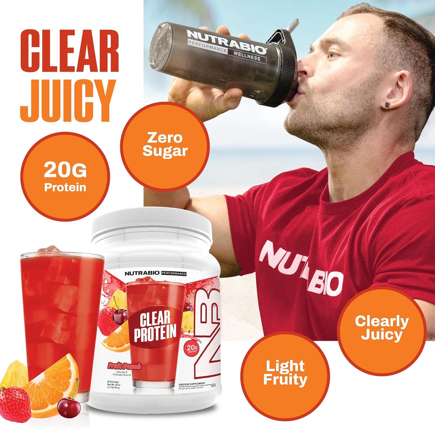 NutraBio Clear Protein Powder, Fruit Punch - 20 Servings, 20g Clear Whey Protein Isolate, 0 Sugar, 0g Lactose, Refreshing Fruit Flavors, GLP1 Support - Bone Health - Muscle Post Workout Recovery