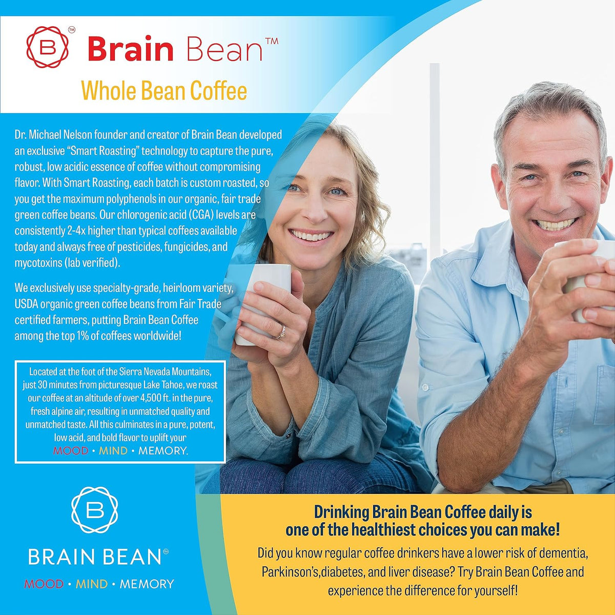 Brain Bean Organic Coffee – USDA Certified Organic Whole Bean Medium Roast – Premium Specialty Coffee – Fresh Roasted for Rich Aroma & Smooth Balanced Flavor – 16 oz