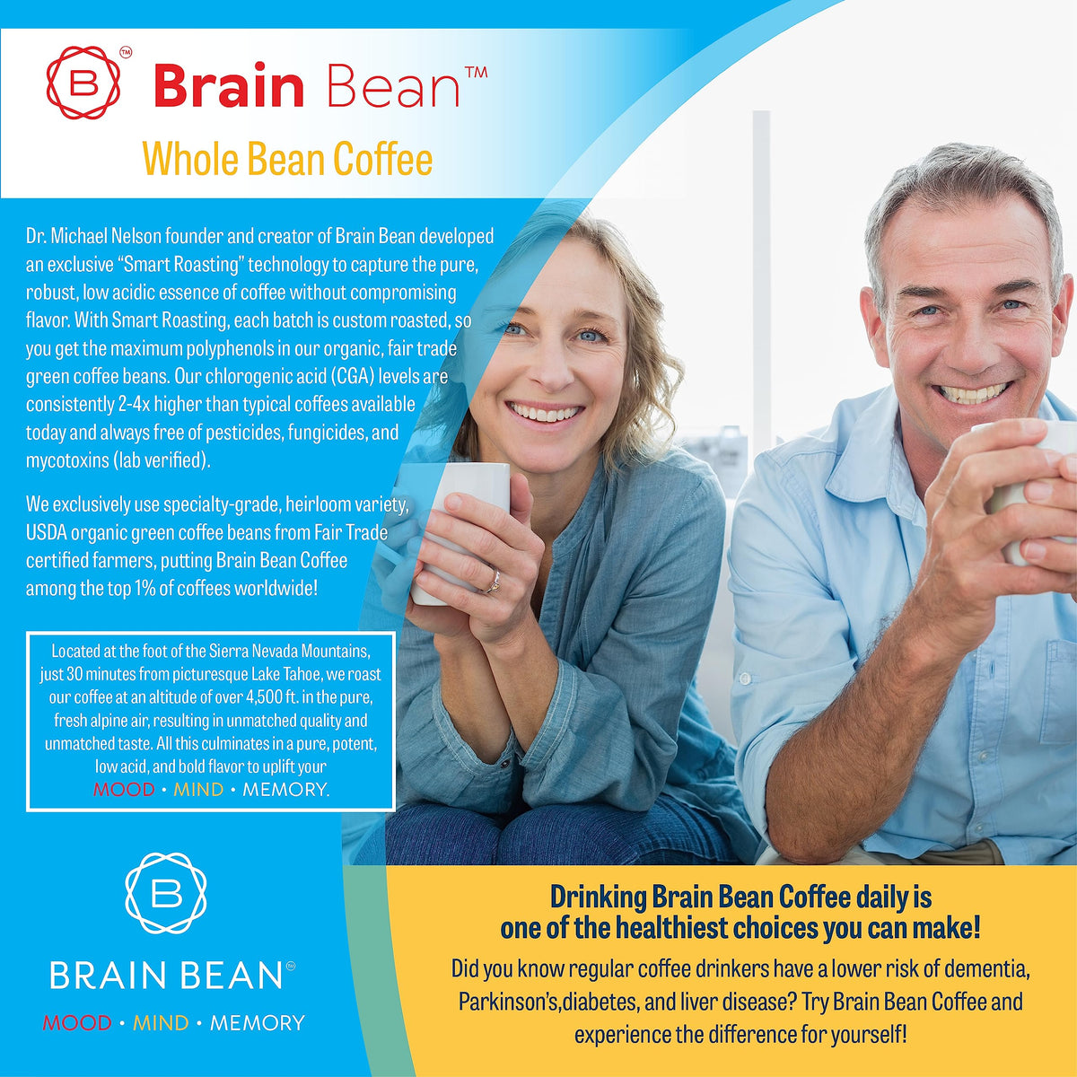 Brain Bean Organic Coffee – USDA Certified Organic Whole Bean Medium Roast – Premium Specialty Coffee – Fresh Roasted for Rich Aroma & Smooth Balanced Flavor – 16 oz