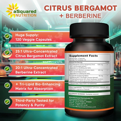 Citrus Bergamot with Berberine Supplement - 1400mg/Serving - 120 Capsules | Max Strength Citrus Bergamot Complex - Supports Cardiovascular Health - Pills Alternative to Gummies & Liquid Drops