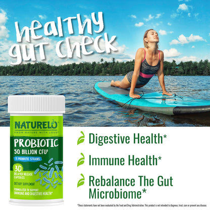 NATURELO Probiotics for Digestive Health, 50 Billion CFU, 60 Vegetarian Capsules, 11 Strains, Daily Use Supplement, Delayed Release, No-Fridge, Boosts Immune System, Probiotics for Women & Men