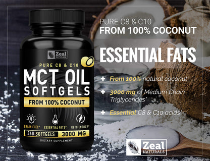 Pure MCT Oil Capsules (360 Softgels | 3000mg) 4 Month Supply Keto Pills w Unrefined Coconut