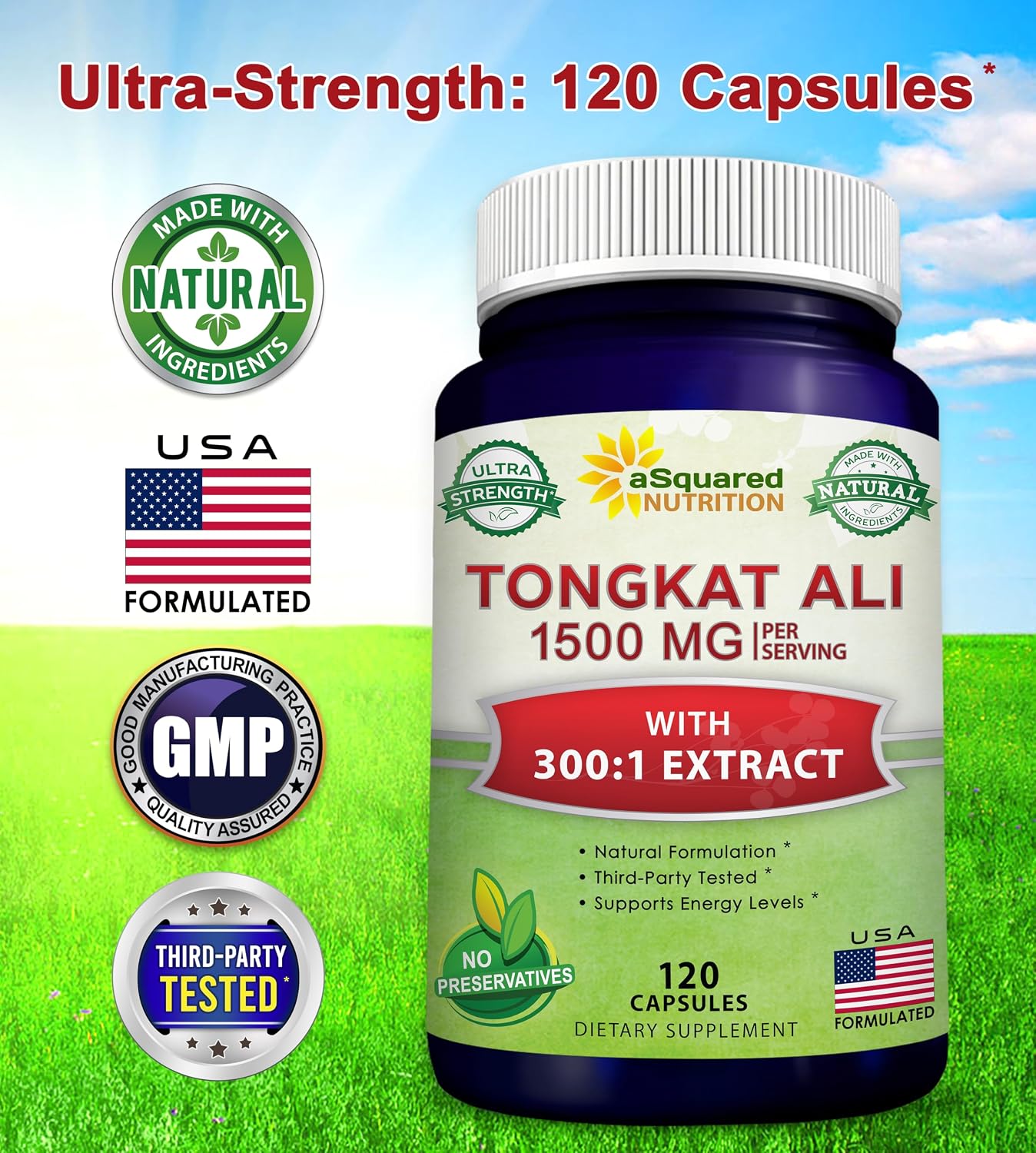 aSquared Nutrition Tongkat Ali 1500mg - 120 Capsules - Longjack (Eurycoma Longifolia) Extract Supplement & Long Jack Root Powder Pills - Tongkat Ali for Men & Women