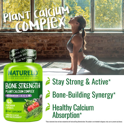 NATURELO Calcium Supplement - with Vitamin C, Vitamin D3, K2, and Calcium Magnesium Zinc for Bone Strength with Calcium 600mg - Plant-Based, 120 Vegetarian Capsules, Non-GMO, Soy & Gluten-Free