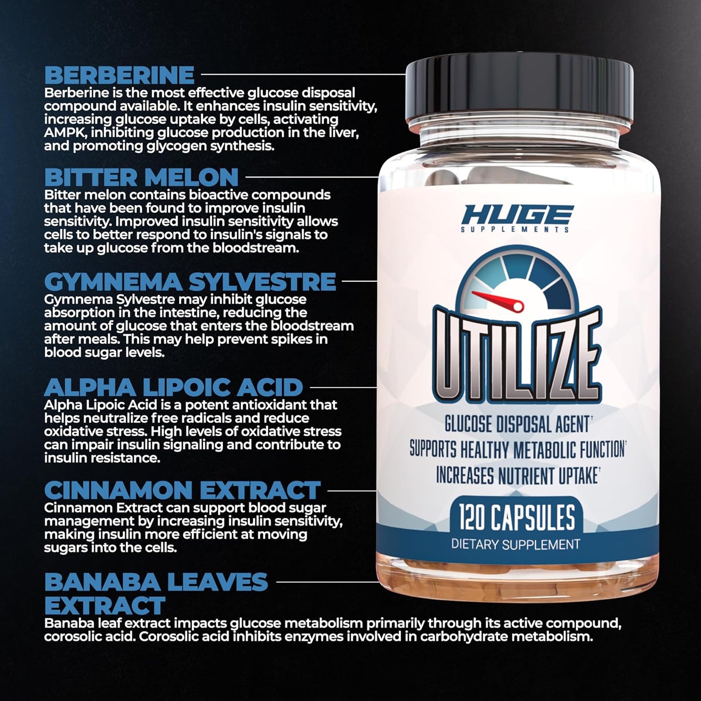 Utilize Glucose Disposal Agent (GDA), Carb Blocker & Nutrient Partitioner, Support Healthy Metabolic Function with 1.5g Berberine, 500mg Bitter Melon, 125mg Cinnamon & More (120 Capsules)