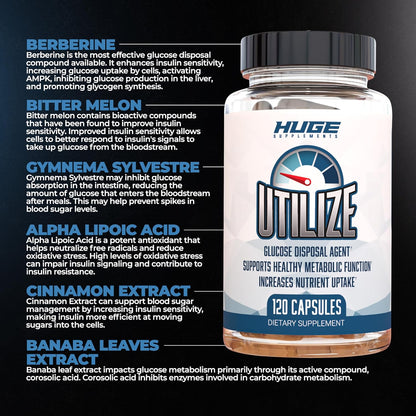 Utilize Glucose Disposal Agent (GDA), Carb Blocker & Nutrient Partitioner, Support Healthy Metabolic Function with 1.5g Berberine, 500mg Bitter Melon, 125mg Cinnamon & More (120 Capsules)