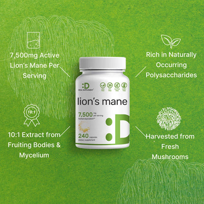 Lions Mane Mushroom Supplement, 7,500mg Per Serving, 240 Capsules – Active Fruiting