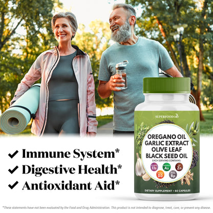 Superfood MD Oregano Oil Garlic Extract Olive Leaf Black Seed Oil Astragalus- for Women and Men- 60 Count