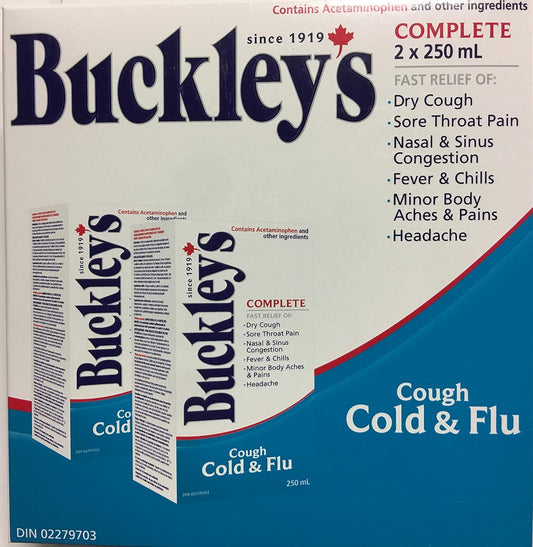 BUCKLEY'S Complete Cough Cold and Flu 250ML Bottle 2 Pack Fast Relief of Dry Cough, Sore Throat, Fever & Chills