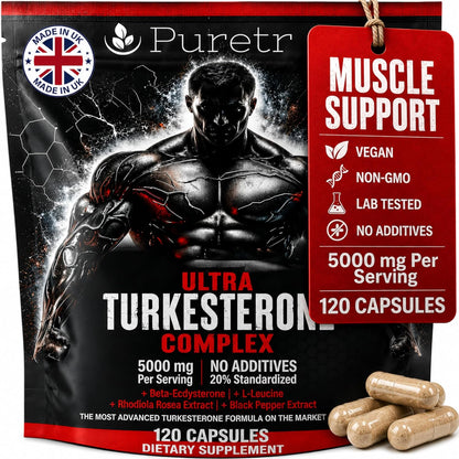Ultra Turkesterone Complex for Men, 5000mg Herbal Equivalent, 120 Vegan Capsules, Beta Ecdysterone, L-Leucine, Rhodiola Rosea, BioPerine Black Pepper, Strength Endurance and Lean Muscle