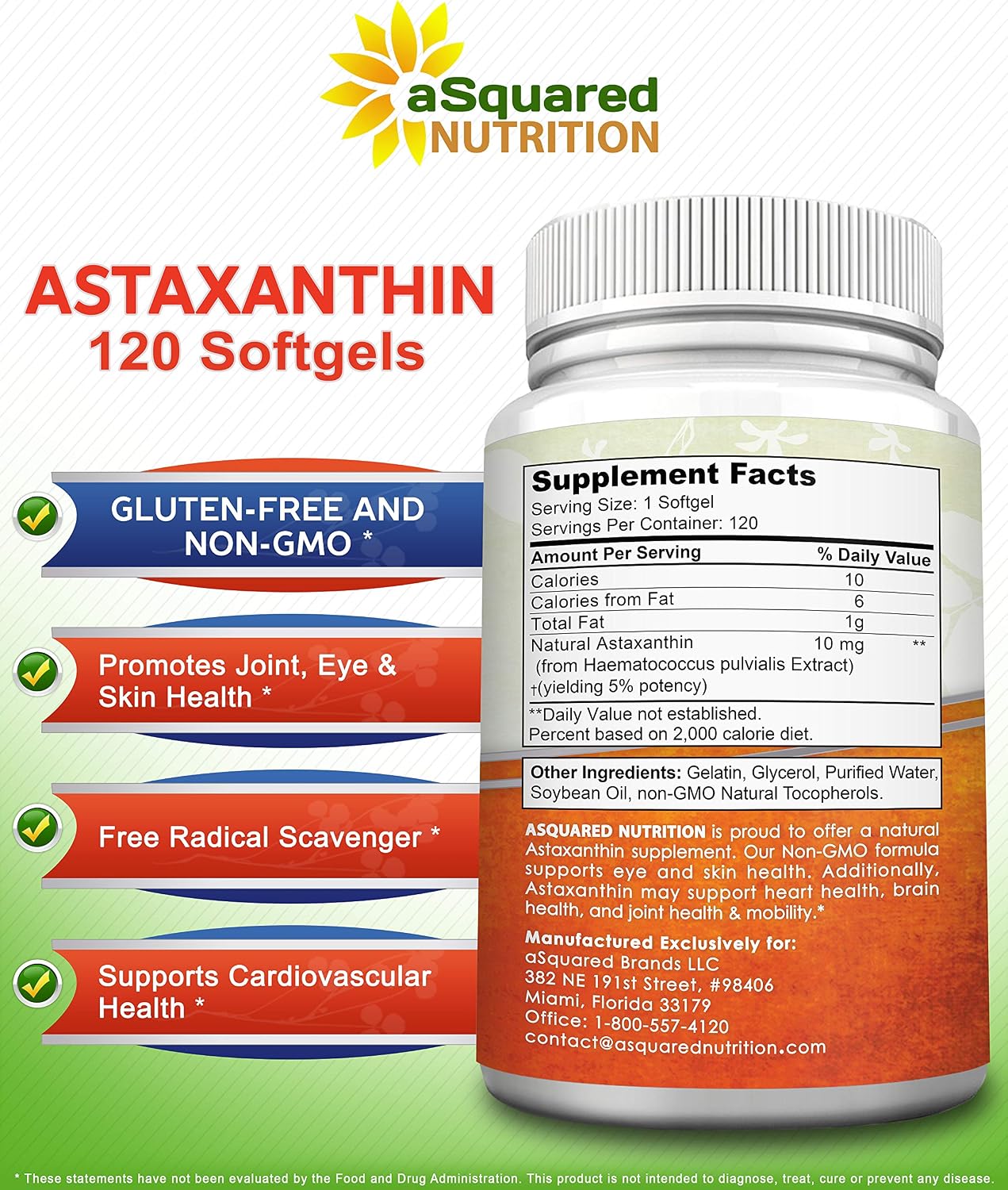 aSquared Nutrition Astaxanthin Supplement - Natural Astaxanthin Pills from Haematococcus Pluvialis Extract for Pure Energy - Max Strength 10mg - 120 Softgels