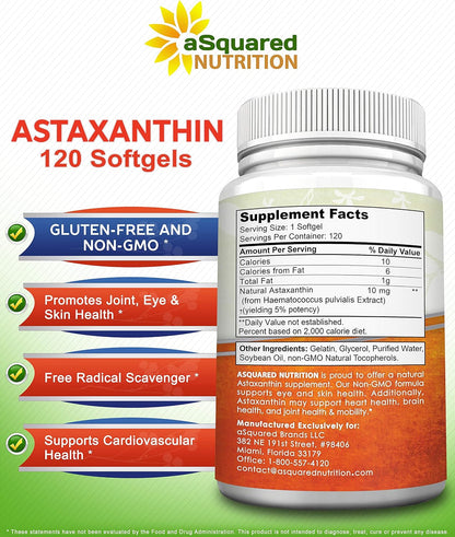 aSquared Nutrition Astaxanthin Supplement - Natural Astaxanthin Pills from Haematococcus Pluvialis Extract for Pure Energy - Max Strength 10mg - 120 Softgels