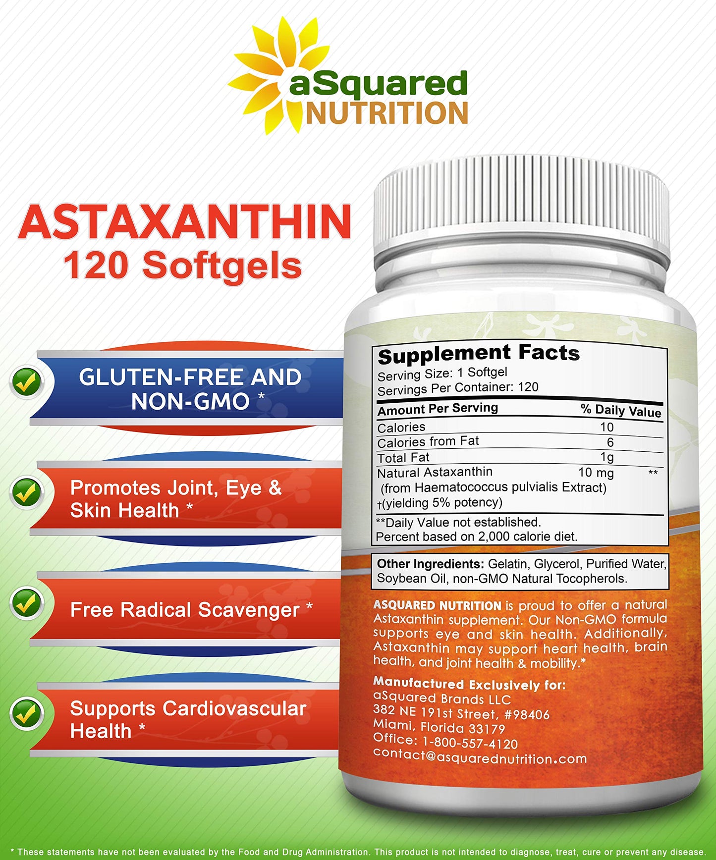 aSquared Nutrition Astaxanthin Supplement - Natural Astaxanthin Pills from Haematococcus Pluvialis Extract for Pure Energy - Max Strength 10mg - 120 Softgels