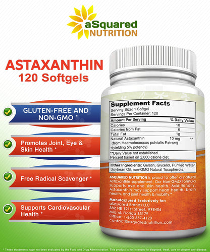 aSquared Nutrition Astaxanthin Supplement - Natural Astaxanthin Pills from Haematococcus Pluvialis Extract for Pure Energy - Max Strength 10mg - 120 Softgels