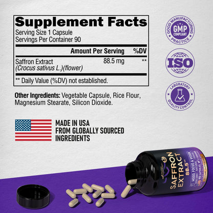 Natural Saffron Supplements - Pure Saffron Extract 88.5 mg - Mood | Focus | Vision | Energy Support - Eye Health for Women & Men - Lab Tested - NonGMO Vegan Pills - 90 Powder Capsules, 3 Month Supply