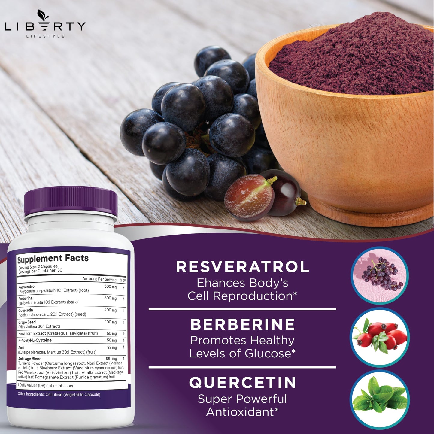 Liberty Lifestyle Resveratrol, Berberine, Grape Seed Extract, Quercetin, Polyphenol Supplement for Women and Men with Noni Extract, N-Acetyl Cysteine, Acai Extract - 2-Pack